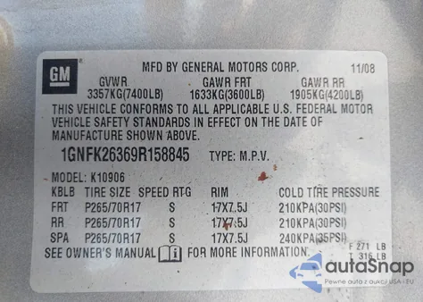 2009 Chevrolet Suburban K1500 Lt z USA, uszkodzony, nr VIN 1GNFK26369R158845